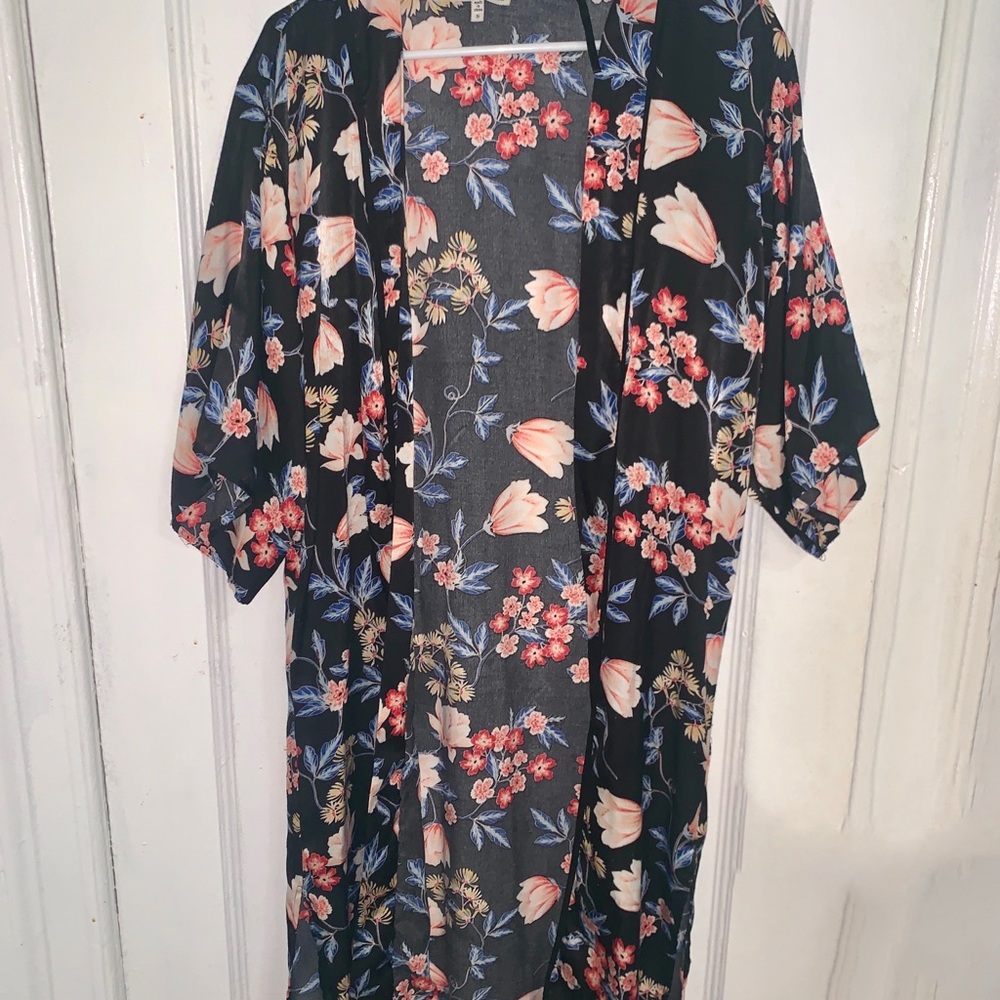 Long black and pink floral kimono